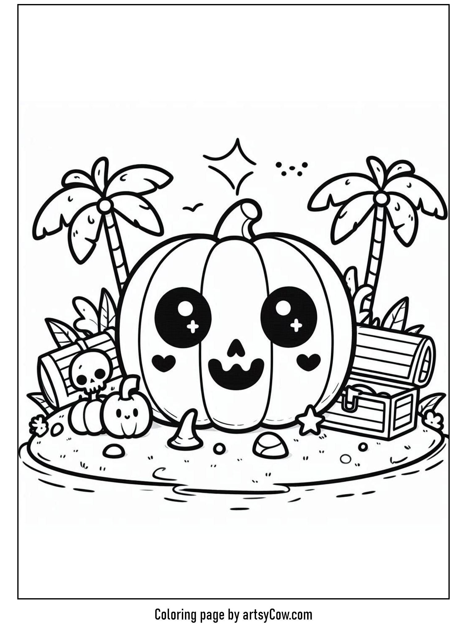 halloween coloring pages with jack-o-lantern featuring a friendly pumpkin sitting on a treasure-filled island under palm trees, accompanied by smaller pumpkins and a skull.